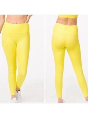 Zyia Metallic Neon Yellow Leggings Light N Tight With Pockets Size 0